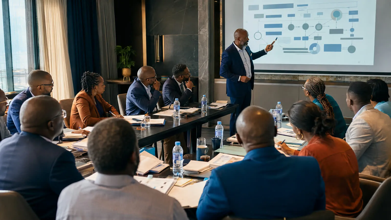 Kreivo facilitator presenting a procurement process framework to a seminar cohort